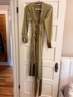 Olive Green Satin Wrap Maxi Dress